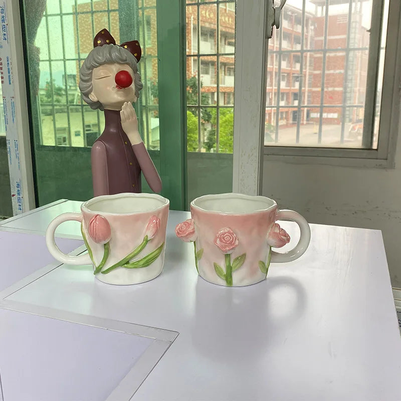 Keramik Kaffee Tasse - Rosa Tulpen-Design - 350ml
