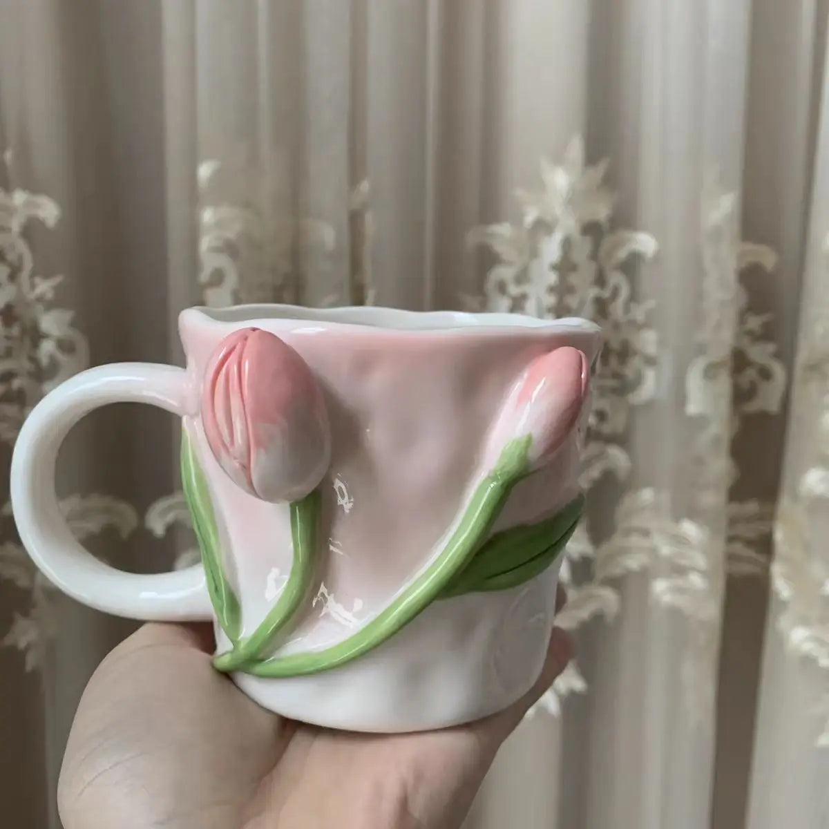 Keramik Kaffee Tasse - Rosa Tulpen-Design - 350ml