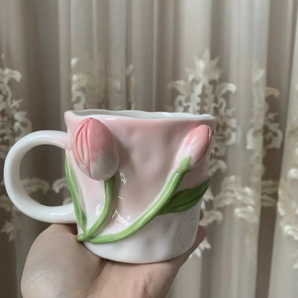 Keramik Kaffee Tasse - Rosa Tulpen-Design - 350ml
