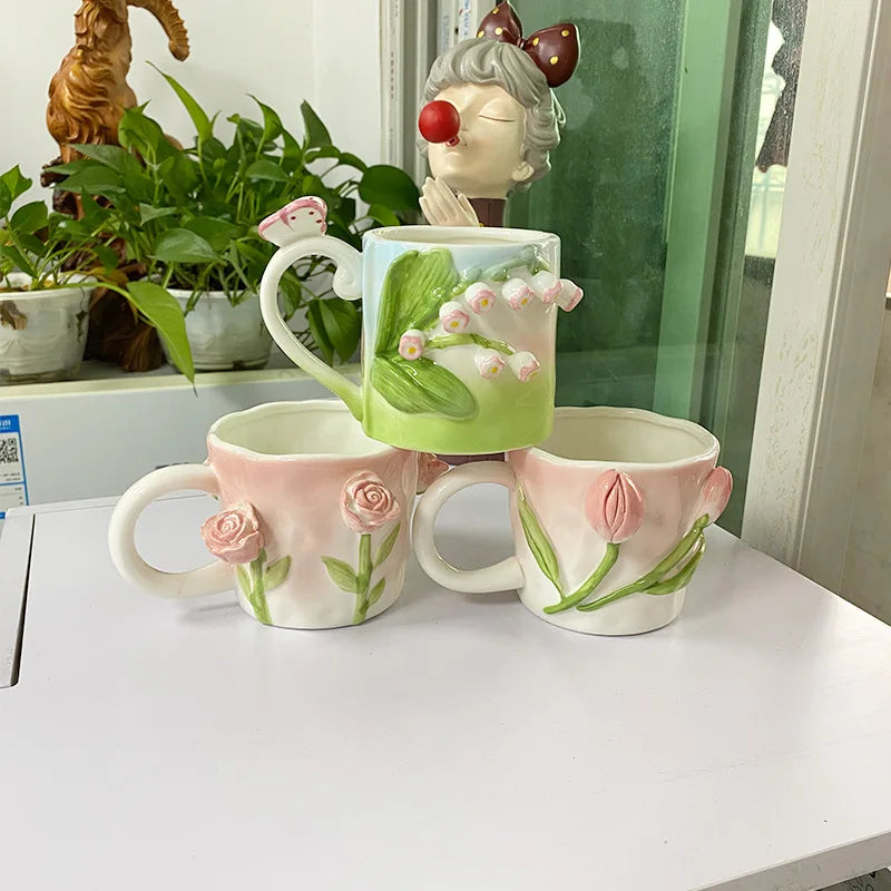 Keramik Kaffee Tasse - Rosa Tulpen-Design - 350ml