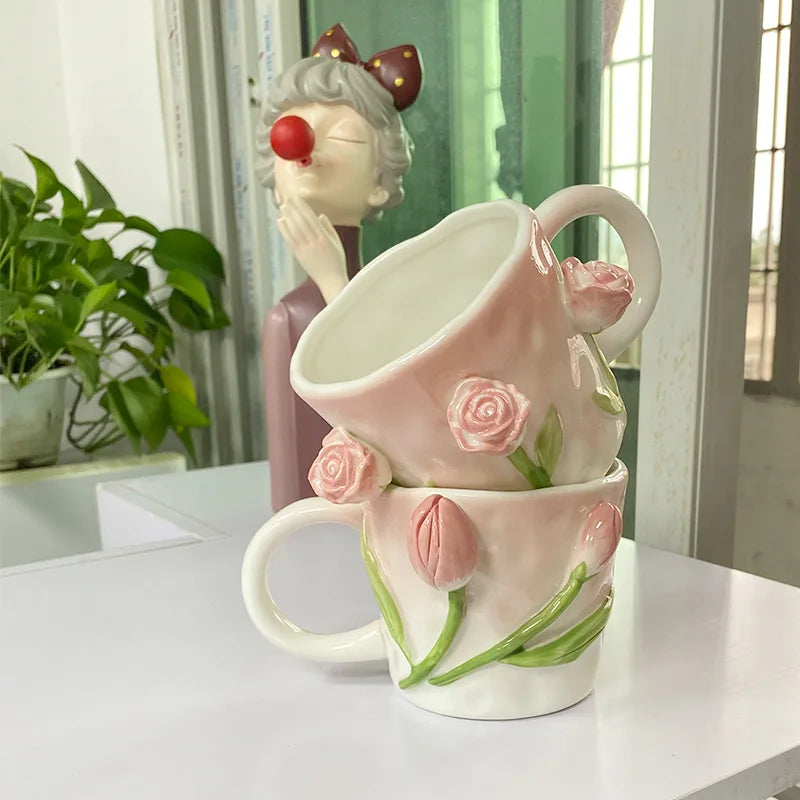 Keramik Kaffee Tasse - Rosa Tulpen-Design - 350ml