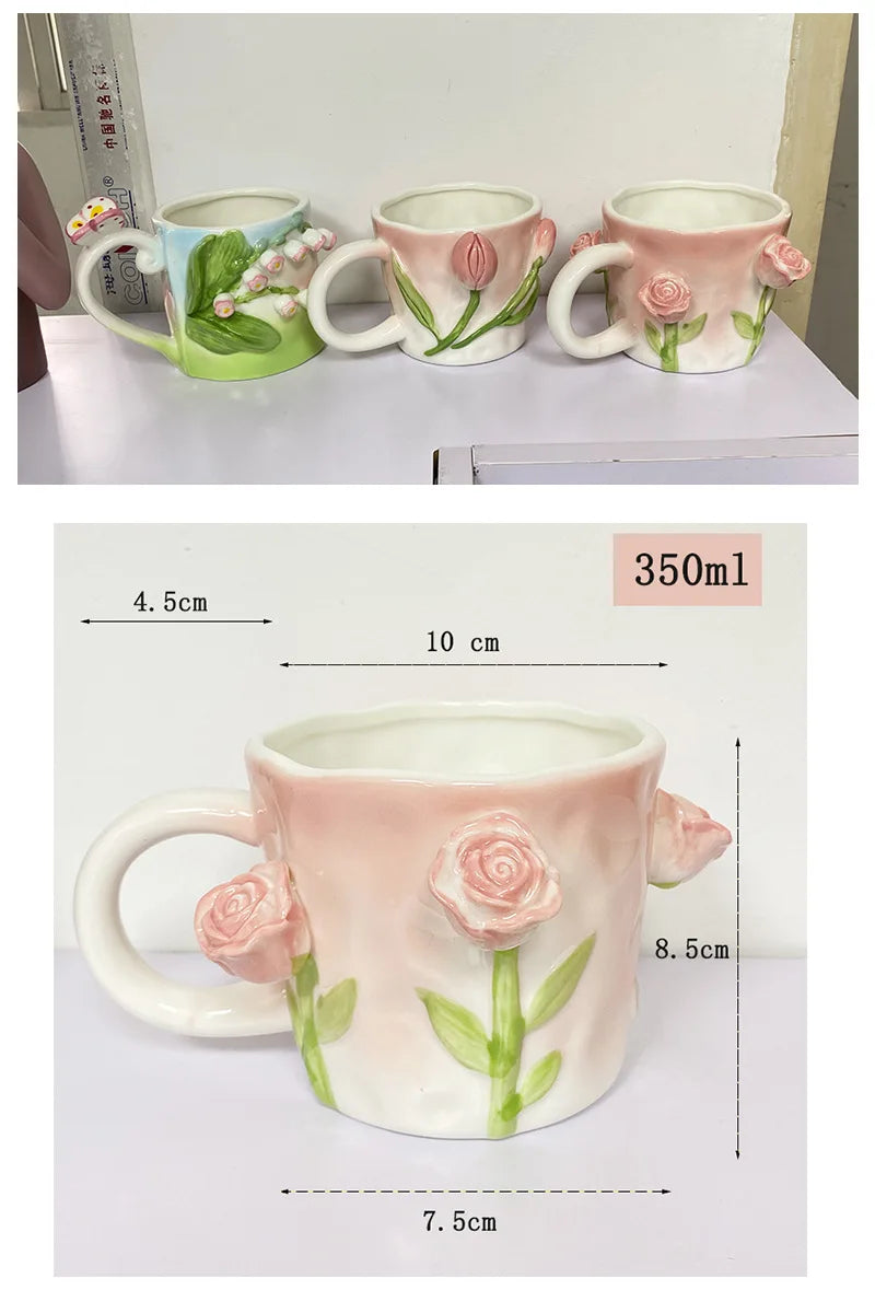 Keramik Kaffee Tasse - Rosa Tulpen-Design - 350ml