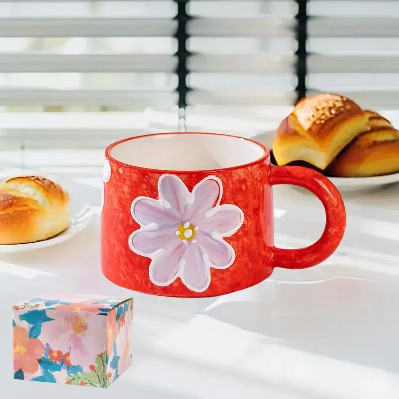 Keramik-Kaffeetasse – Gemaltes Blumendesign – 300ml