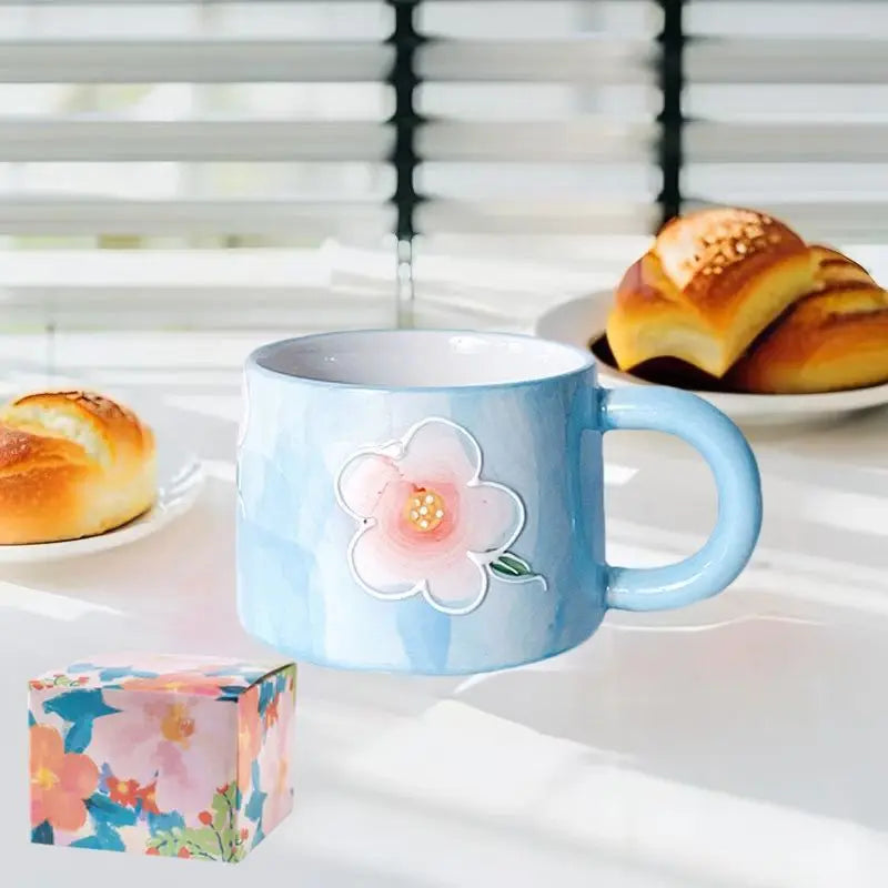 Keramik-Kaffeetasse – Gemaltes Blumendesign – 300ml