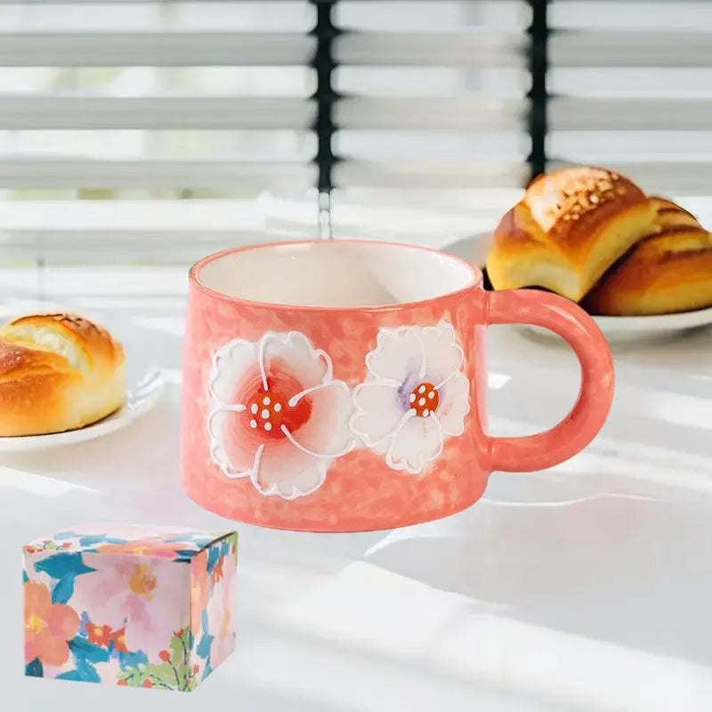 Keramik-Kaffeetasse – Gemaltes Blumendesign – 300ml