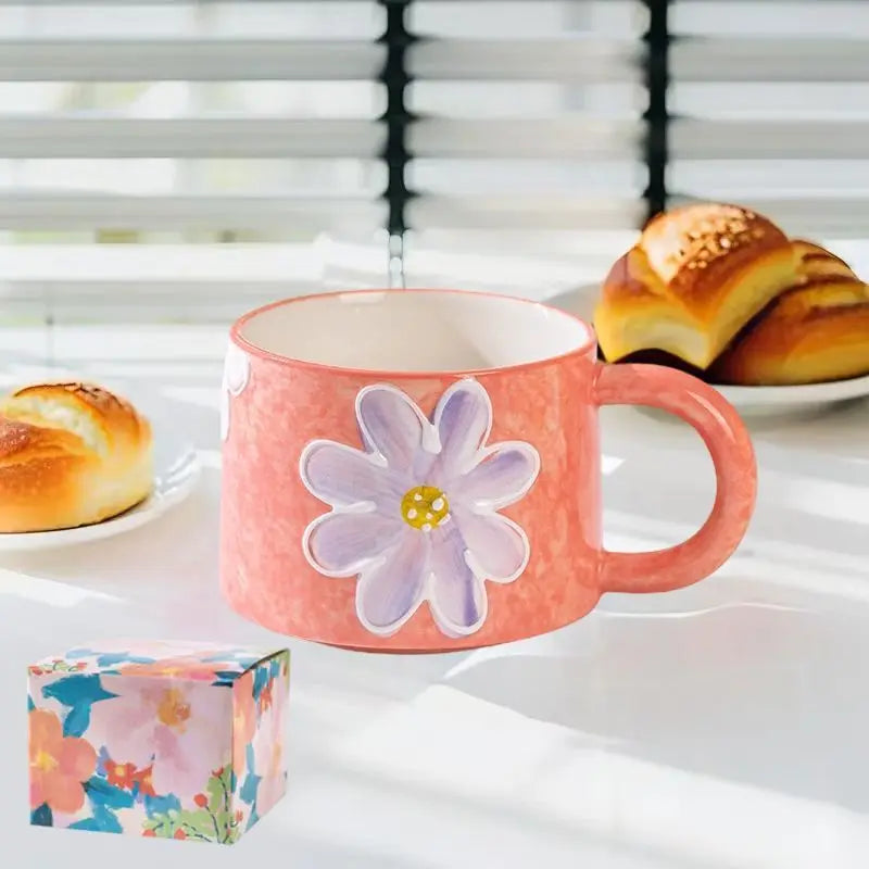 Keramik-Kaffeetasse – Gemaltes Blumendesign – 300ml