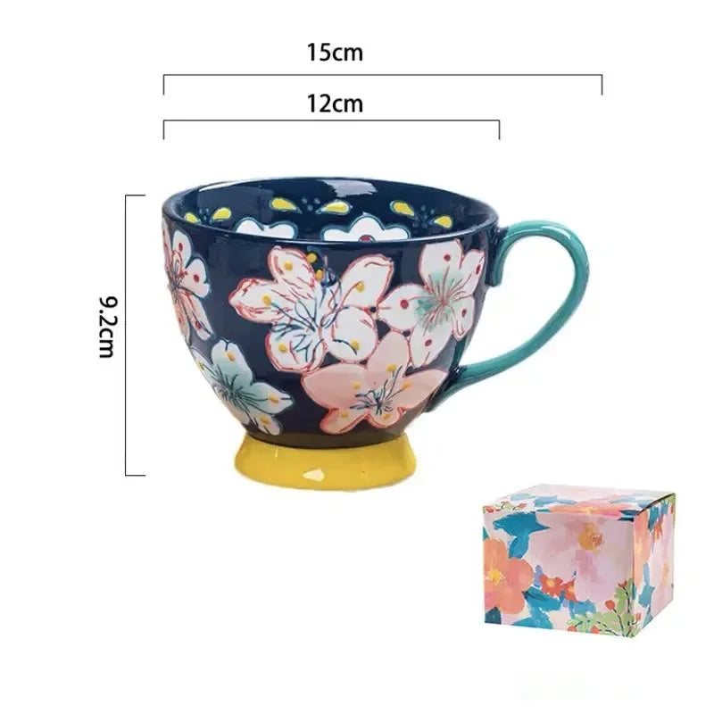 Keramik Kaffeetasse – Vintage Blumenmuster – 500ml