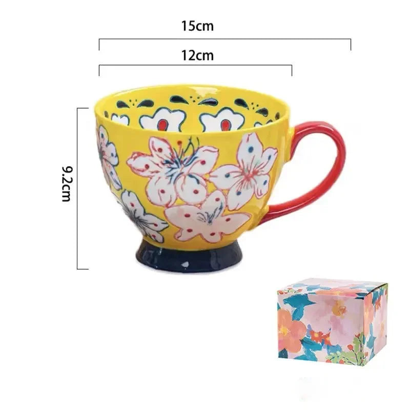 Keramik Kaffeetasse – Vintage Blumenmuster – 500ml