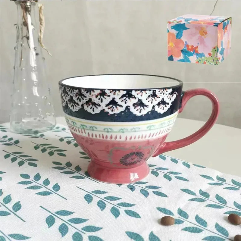 Keramik Kaffeetasse – Vintage Blumenmuster – 500ml