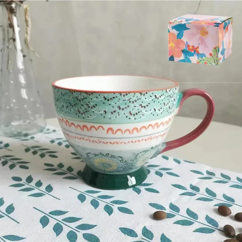 Keramik Kaffeetasse – Vintage Blumenmuster – 500ml