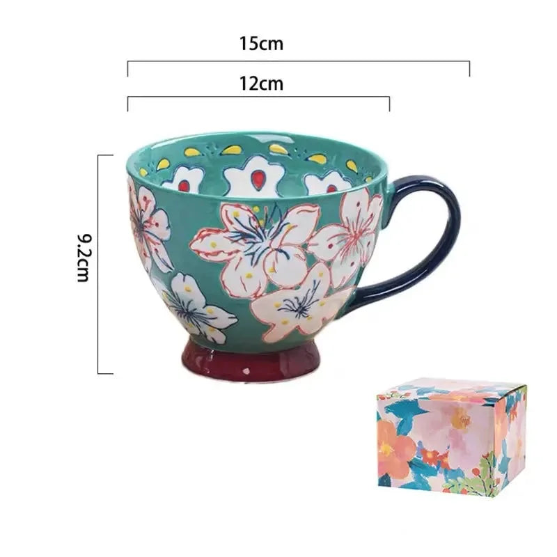 Keramik Kaffeetasse – Vintage Blumenmuster – 500ml