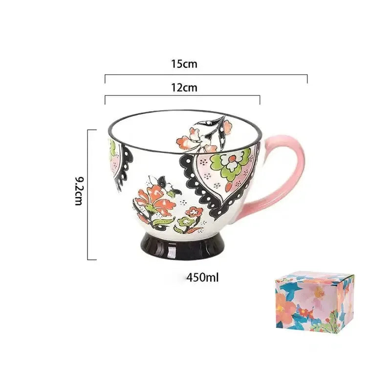 Keramik Kaffeetasse – Vintage Blumenmuster – 500ml