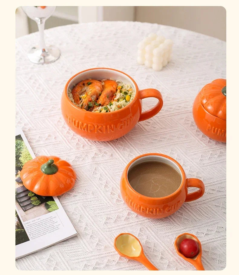 Keramik Kürbistasse – Cartoon Design mit Deckel, 350ml Set