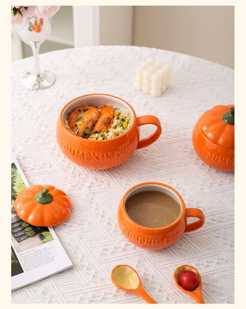 Keramik Kürbistasse – Cartoon Design mit Deckel, 350ml Set