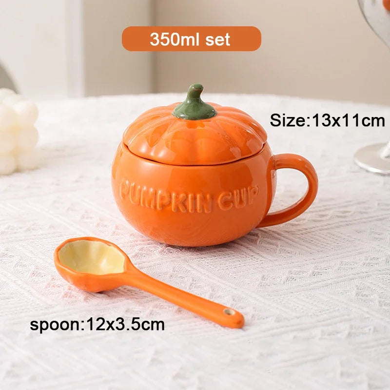 Keramik Kürbistasse – Cartoon Design mit Deckel, 350ml Set