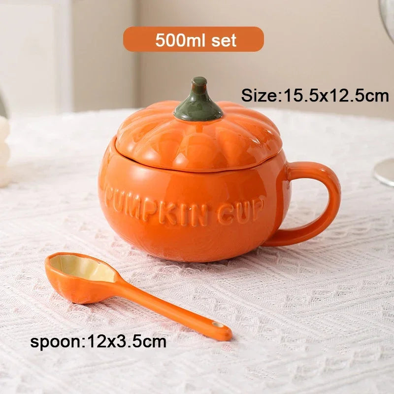 Keramik Kürbistasse – Cartoon Design mit Deckel, 350ml Set