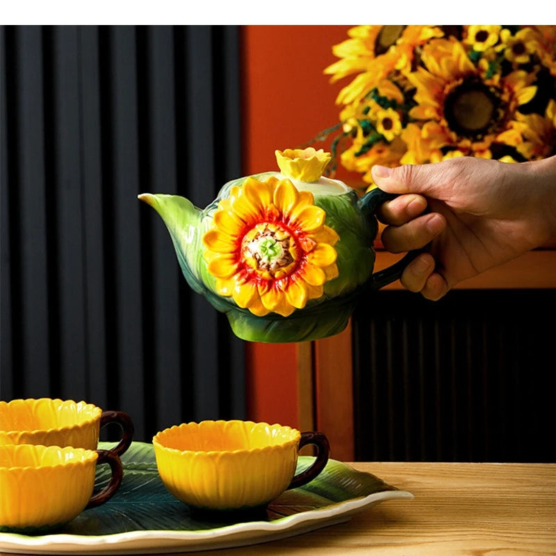 Keramik-Teeset – Porzellan Sonnenblumenrelief – 6-teiliges Set