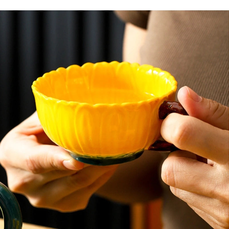 Keramik-Teeset – Porzellan Sonnenblumenrelief – 6-teiliges Set