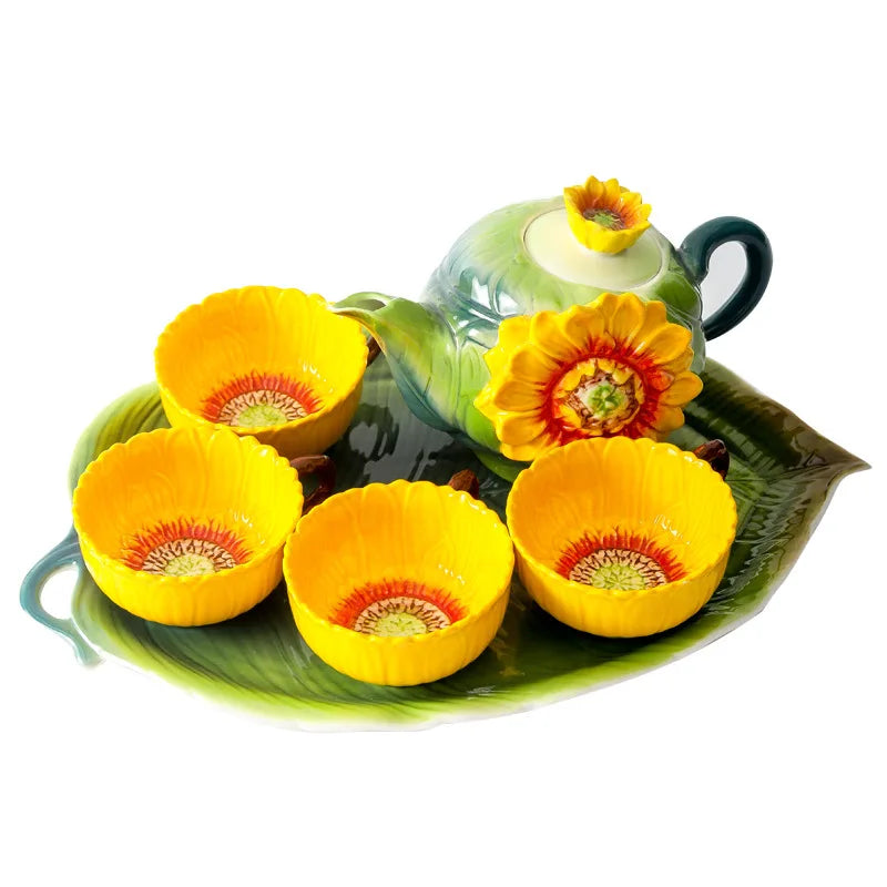 Keramik-Teeset – Porzellan Sonnenblumenrelief – 6-teiliges Set