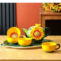 Keramik-Teeset – Porzellan Sonnenblumenrelief – 6-teiliges Set