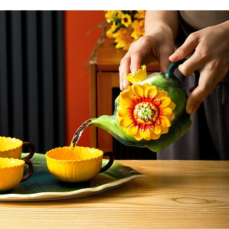 Keramik-Teeset – Porzellan Sonnenblumenrelief – 6-teiliges Set