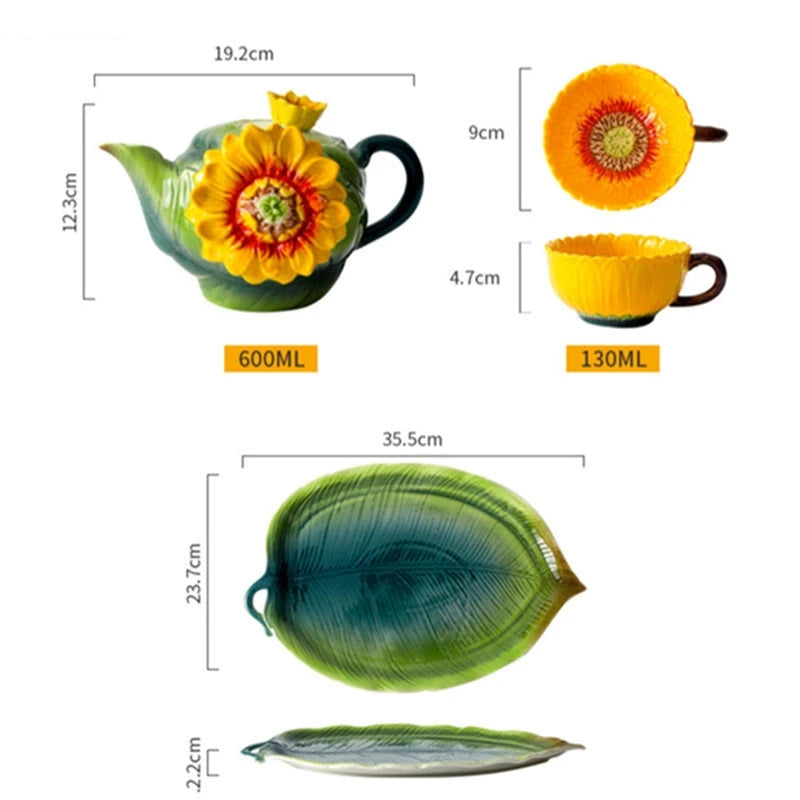Keramik-Teeset – Porzellan Sonnenblumenrelief – 6-teiliges Set