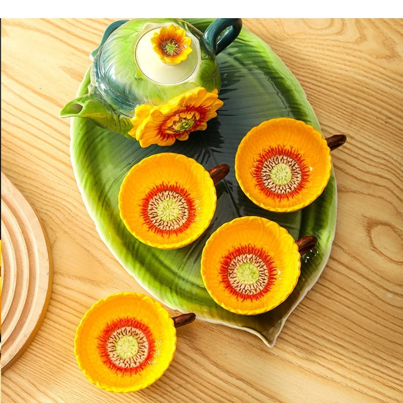 Keramik-Teeset – Porzellan Sonnenblumenrelief – 6-teiliges Set