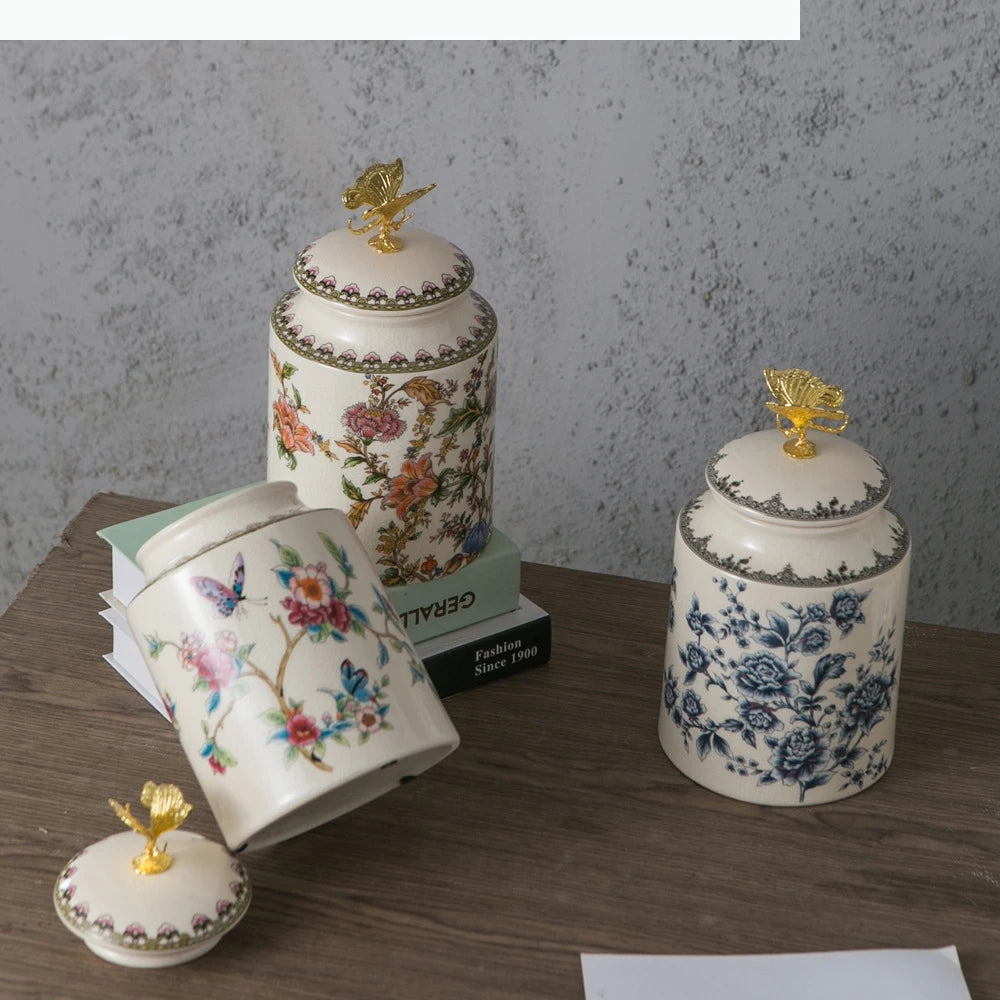 Keramik Vorratsglas – Blumen- & Vogel-Design – Dekorativer Runddeckel