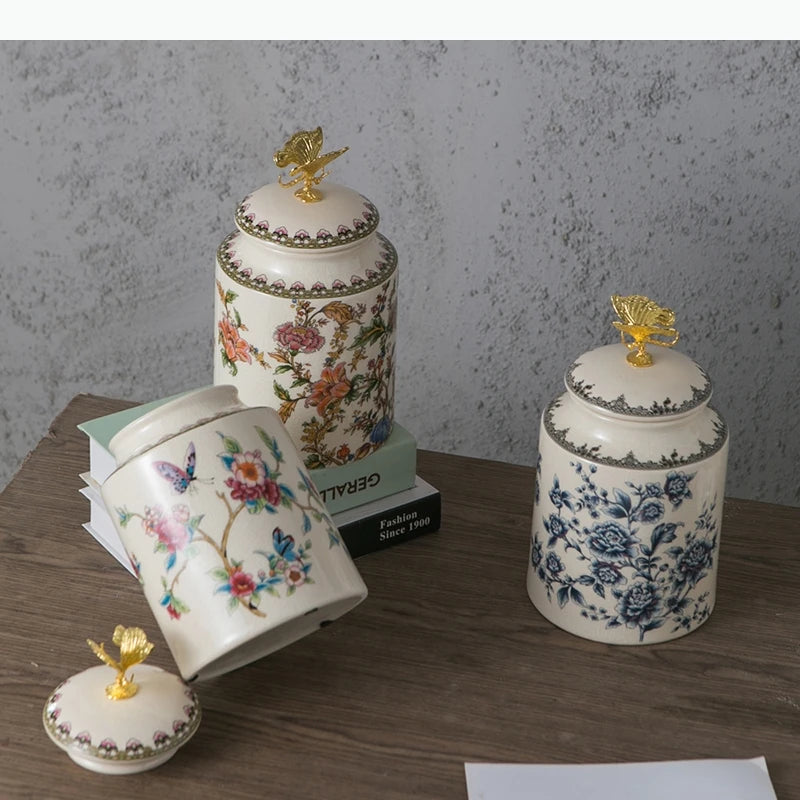 Keramik Vorratsglas – Blumen- & Vogel-Design – Dekorativer Runddeckel