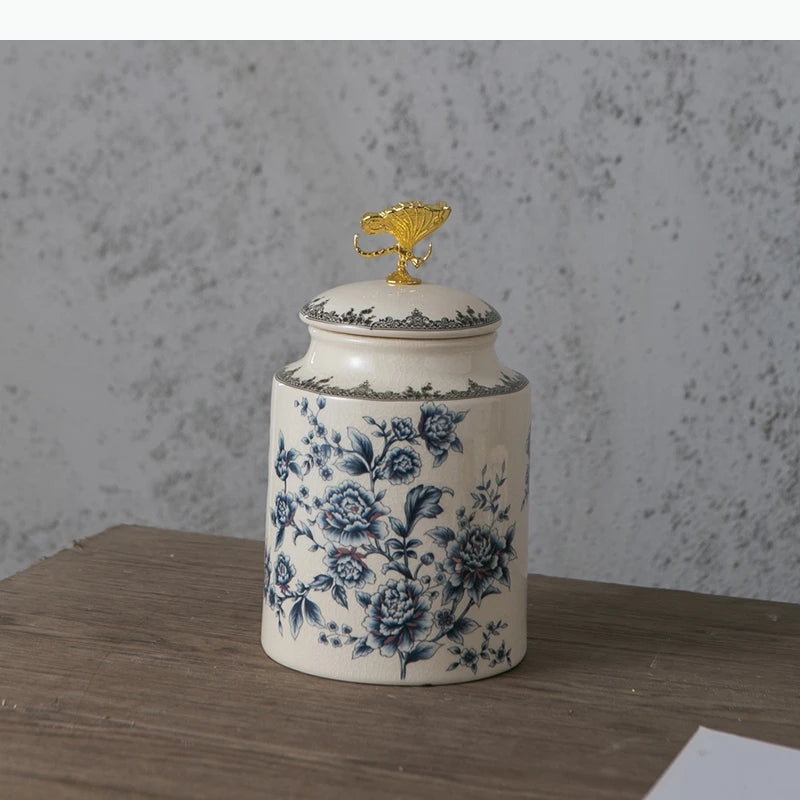 Keramik Vorratsglas – Blumen- & Vogel-Design – Dekorativer Runddeckel