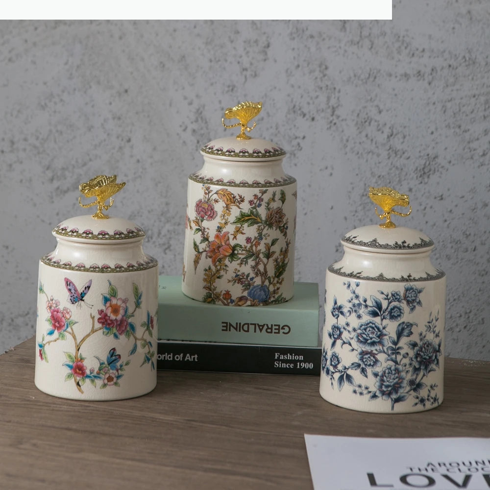 Keramik Vorratsglas – Blumen- & Vogel-Design – Dekorativer Runddeckel