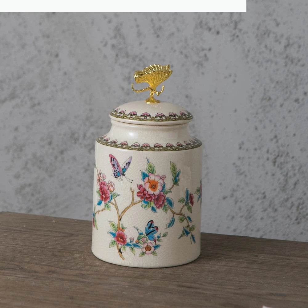 Keramik Vorratsglas – Blumen- & Vogel-Design – Dekorativer Runddeckel