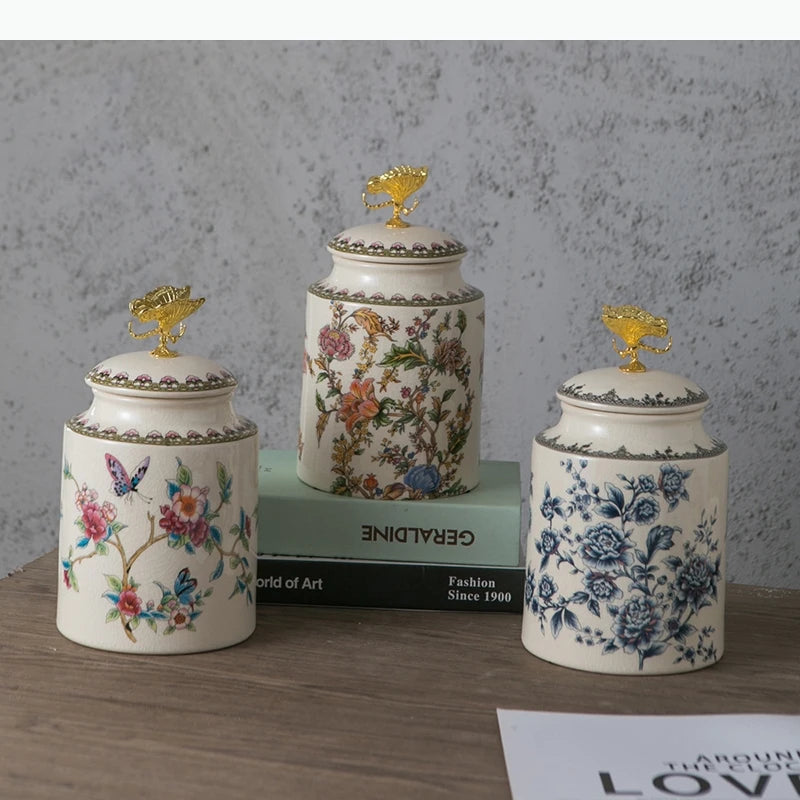 Keramik Vorratsglas – Blumen- & Vogel-Design – Dekorativer Runddeckel