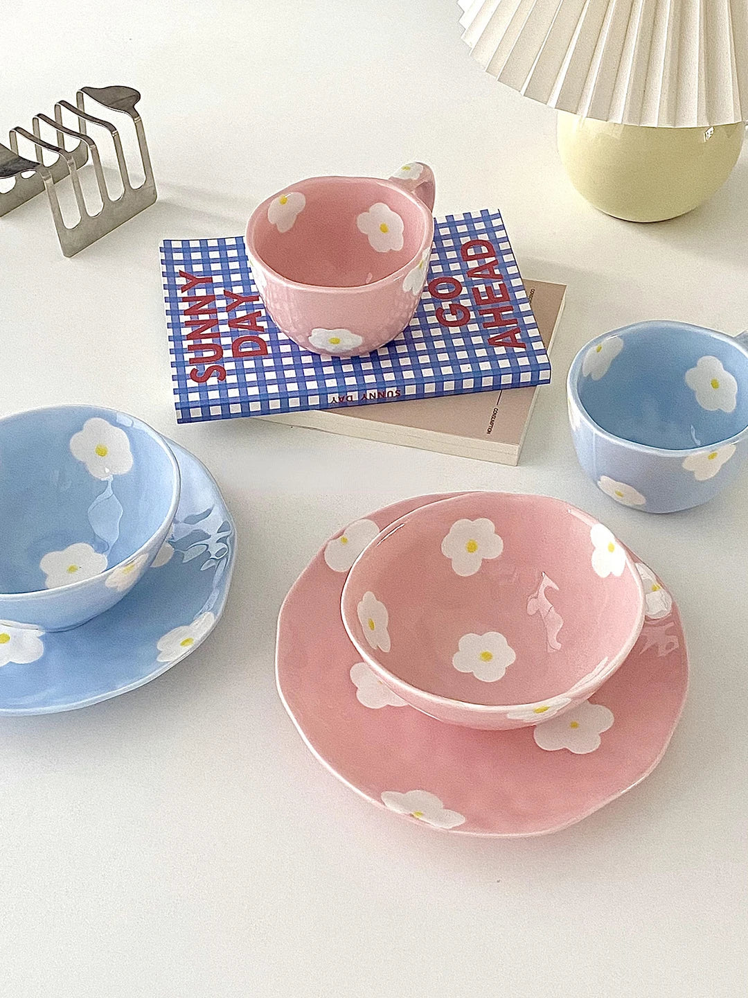 Keramikgeschirrset – Blumendesign – Pink & Blau Varianten