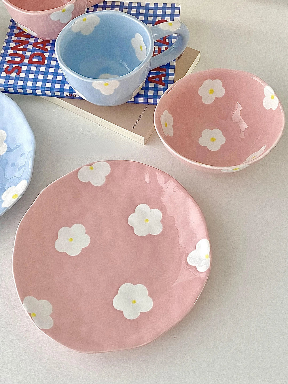 Keramikgeschirrset – Blumendesign – Pink & Blau Varianten