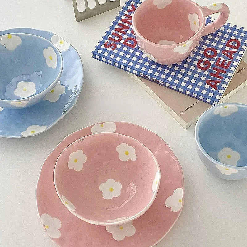 Keramikgeschirrset – Blumendesign – Pink & Blau Varianten