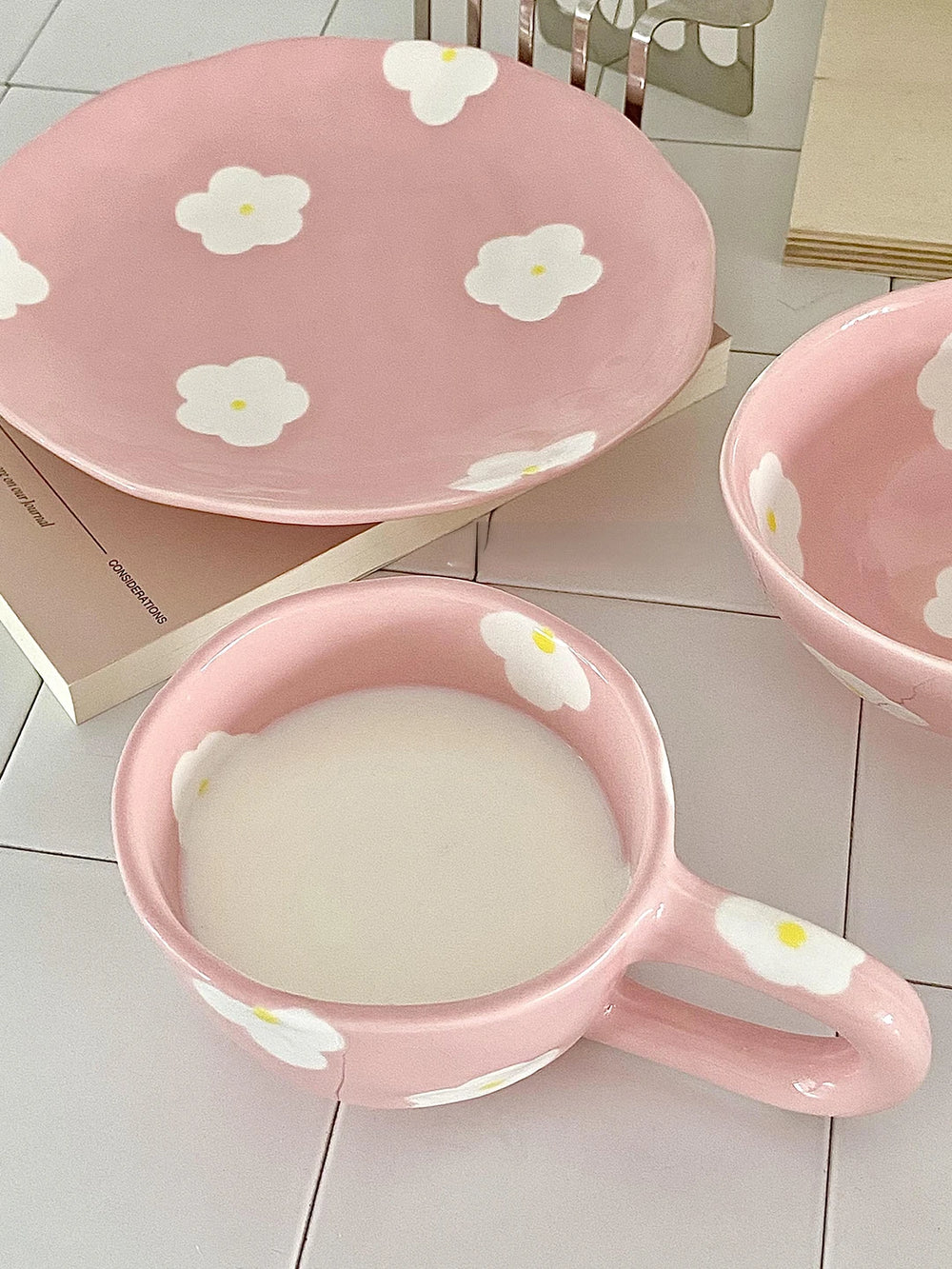 Keramikgeschirrset – Blumendesign – Pink & Blau Varianten