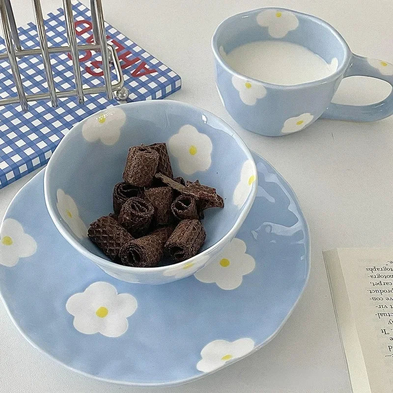 Keramikgeschirrset – Blumendesign – Pink & Blau Varianten