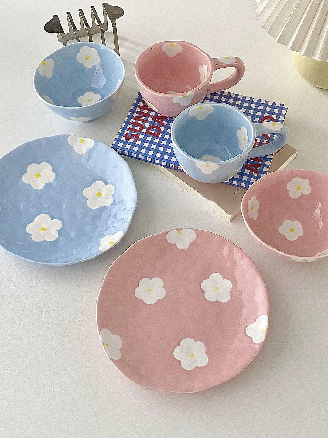 Keramikgeschirrset – Blumendesign – Pink & Blau Varianten