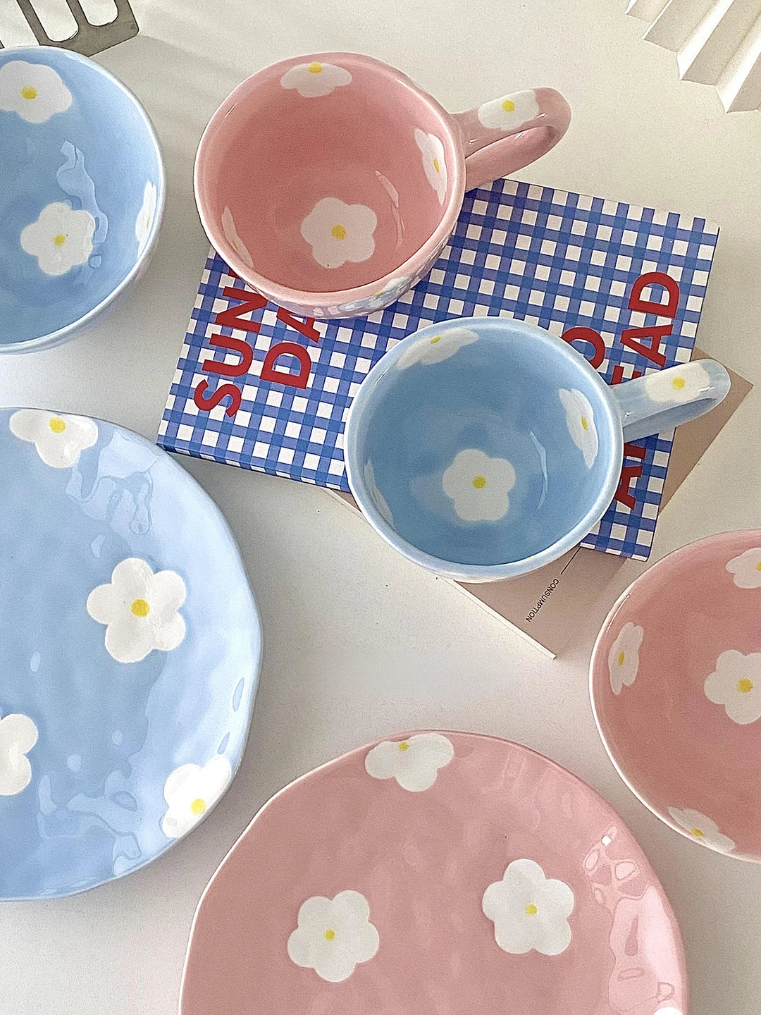 Keramikgeschirrset – Blumendesign – Pink & Blau Varianten