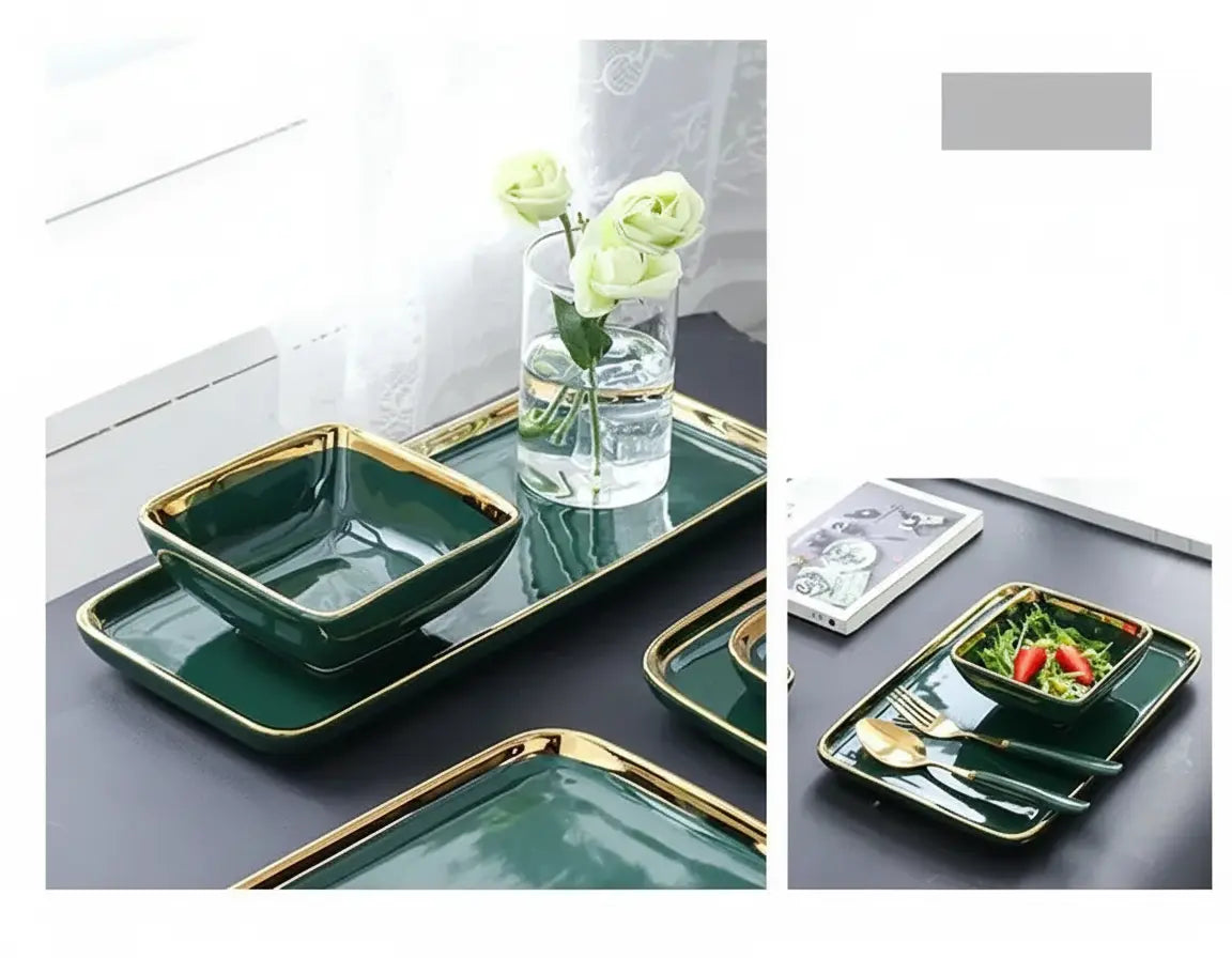 Keramikteller – Dunkelgrün Goldener Rand