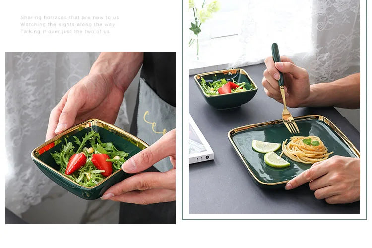 Keramikteller – Dunkelgrün Goldener Rand