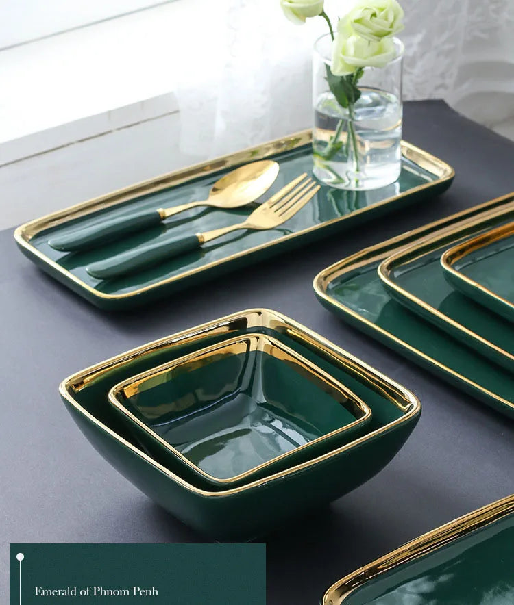 Keramikteller – Dunkelgrün Goldener Rand