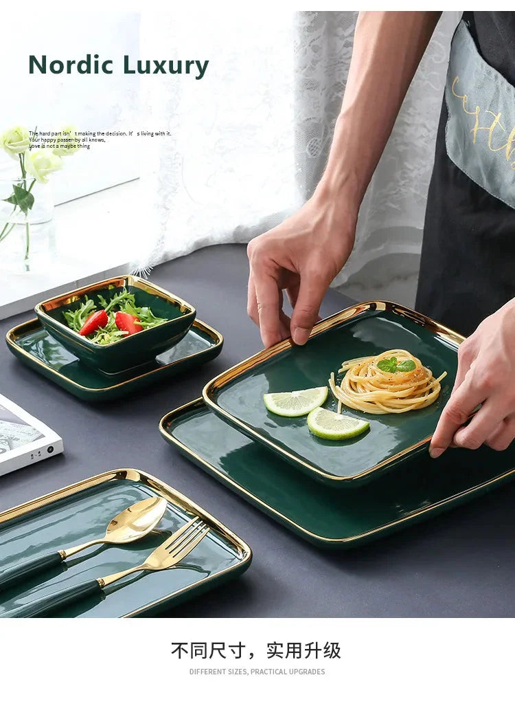 Keramikteller – Dunkelgrün Goldener Rand