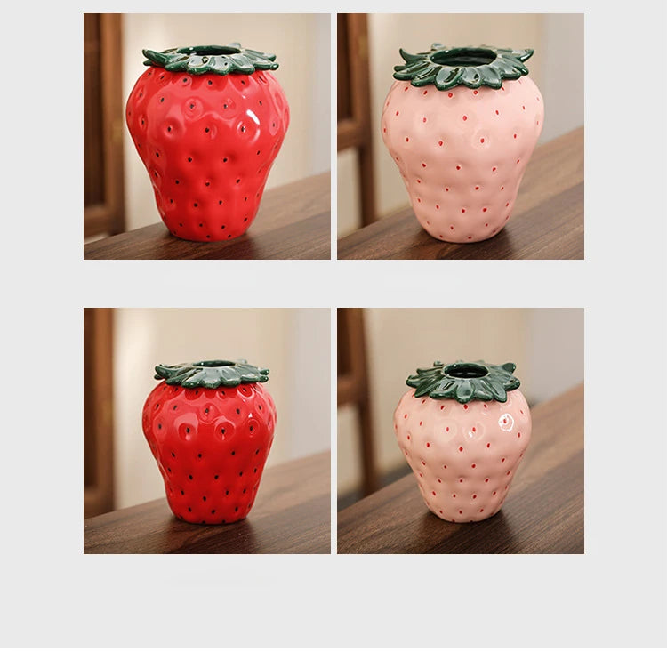 Keramikvase im Erdbeer-Design in Pink und Rot für Wohnzimmer Dekoration