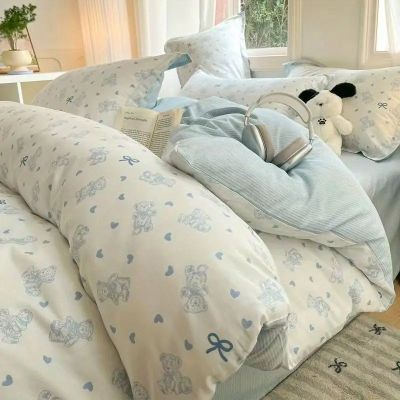 Blaue Mikrofaser-Kinderbettwäsche mit einfachen Mustern, Grösse Twin 3tlg für 1m Bett, flaches Bettlaken