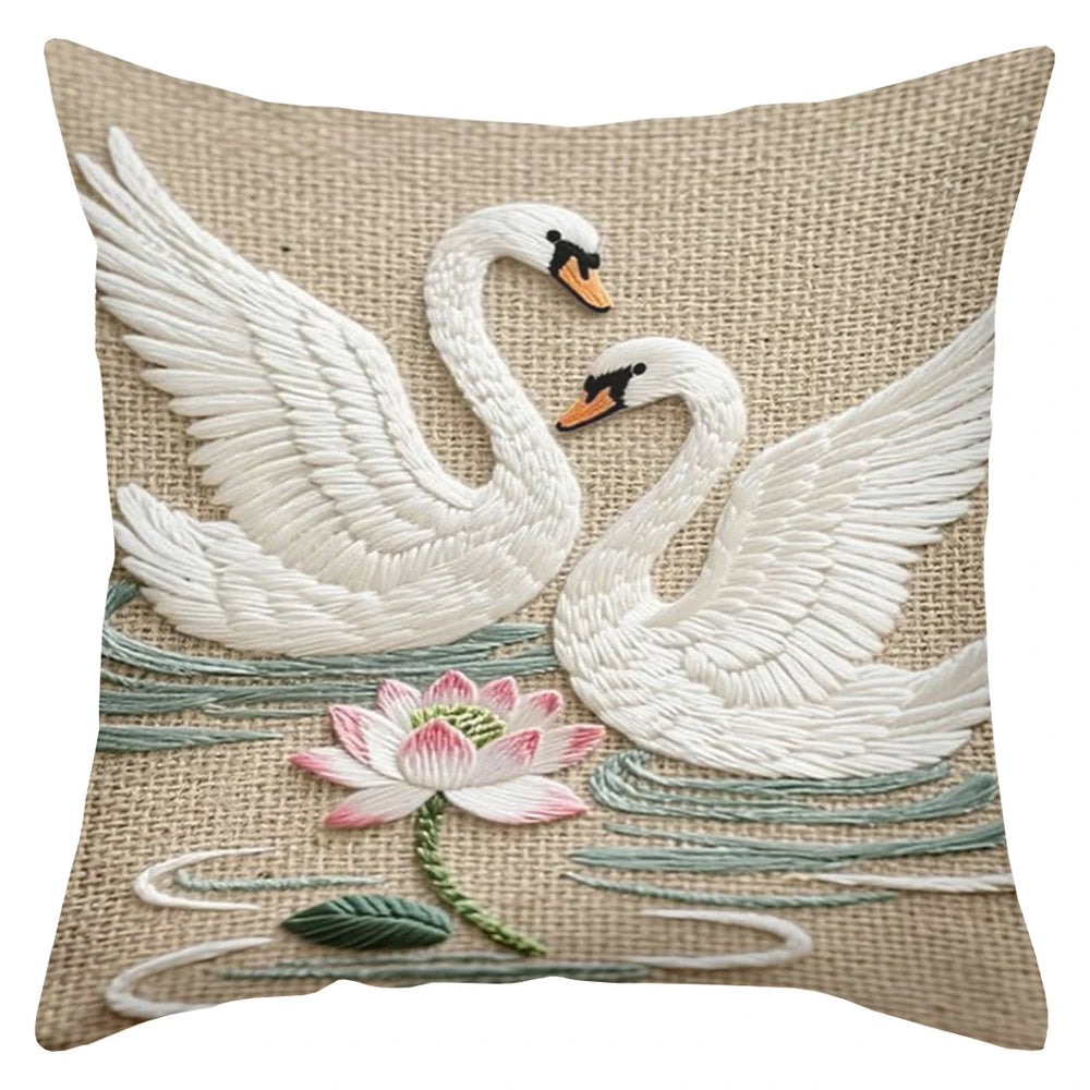 Kissenbezug – Jutestil – 45x45cm Gestickter Schwan