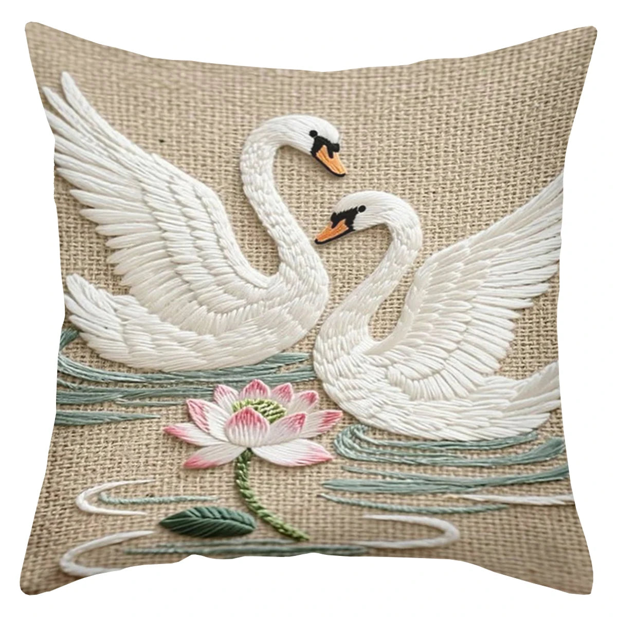 Kissenbezug – Jutestil – 45x45cm Gestickter Schwan