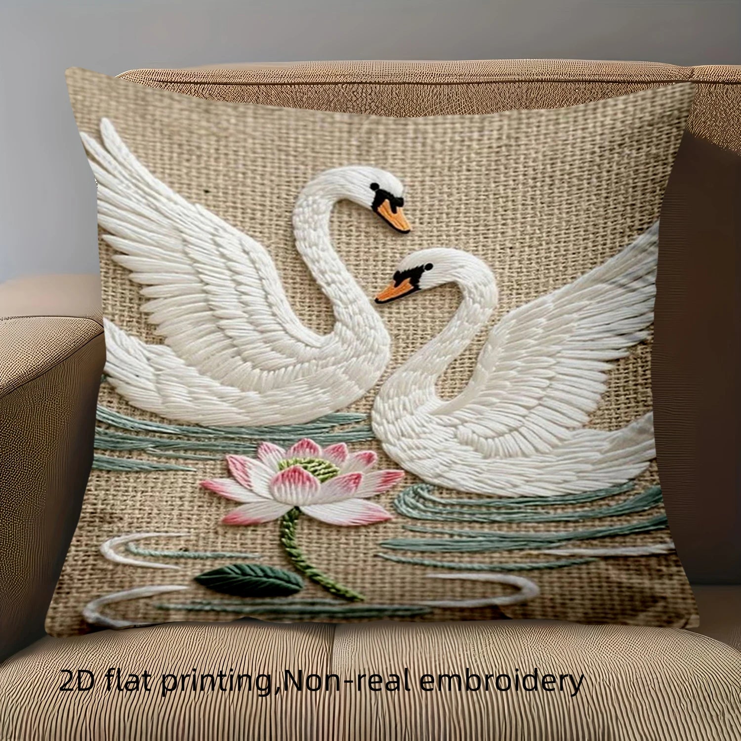 Kissenbezug – Jutestil – 45x45cm Gestickter Schwan