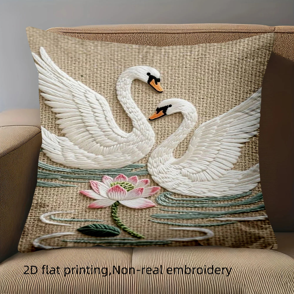 Kissenbezug – Jutestil – 45x45cm Gestickter Schwan
